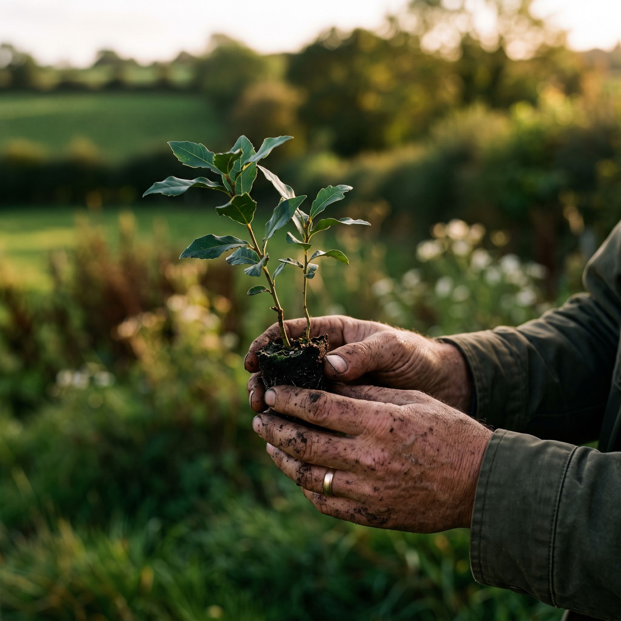 Mãos plantando uma muda com raízes